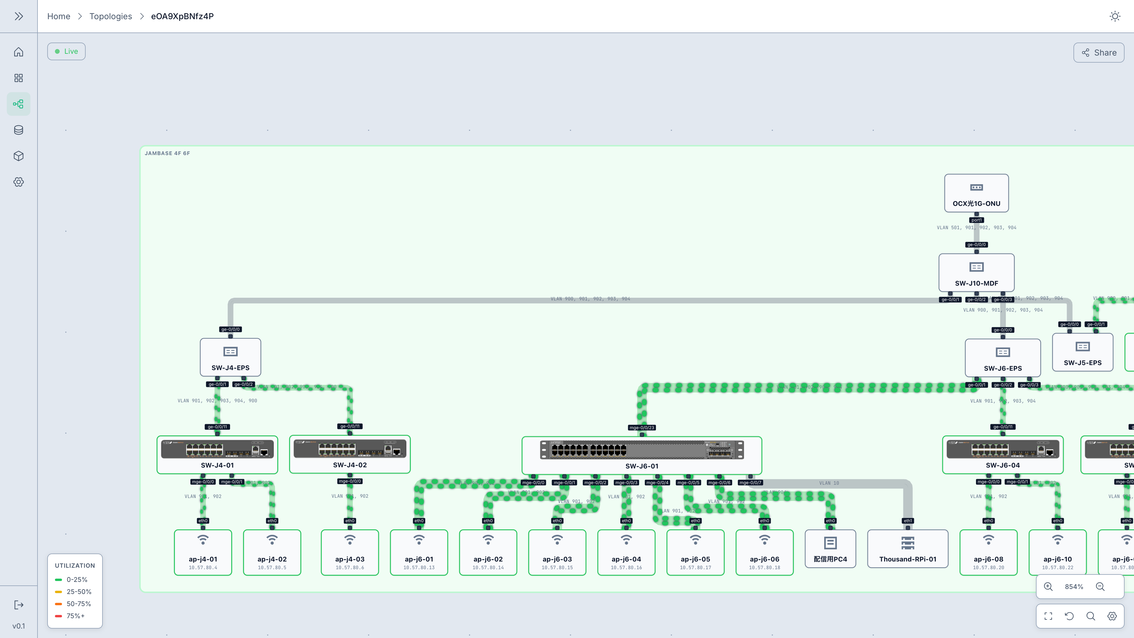 ライブ Weathermap 付きトポロジービューア
